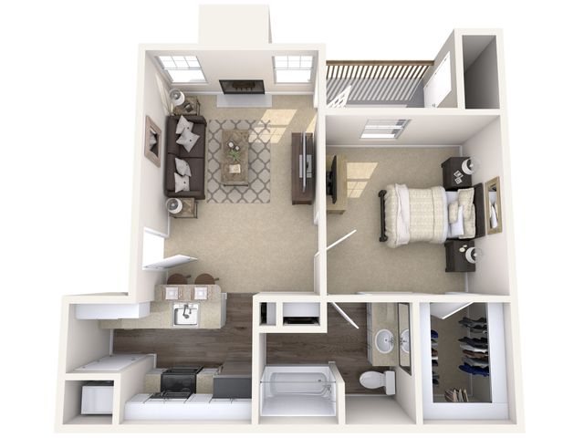 Bright 3D floor plan showcasing a cozy one-bedroom apartment with an inviting living area, modern kitchen, and ample closet space.