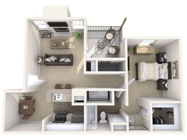 Chic 3D floor plan showcasing a cozy 1-bedroom apartment with a modern kitchen, comfortable living area, inviting balcony, and elegant dining space.