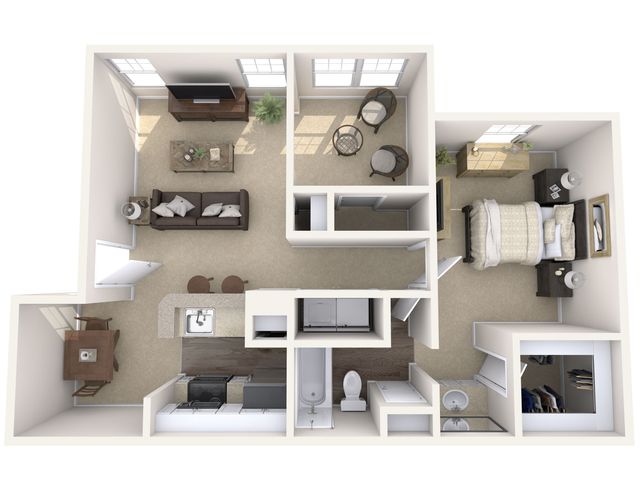 Elegant 3D floor plan featuring a cozy 1-bedroom layout with a stylish open-concept living room, modern kitchen, and a chic dining area.