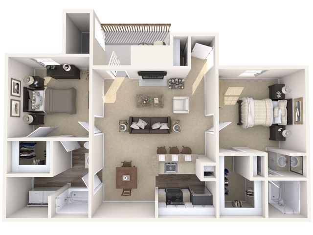 Elegant 3D apartment floor plan featuring two spacious bedrooms, an inviting open-concept living and dining area, a modern kitchen with breakfast bar, two bathrooms, and a private balcony.
