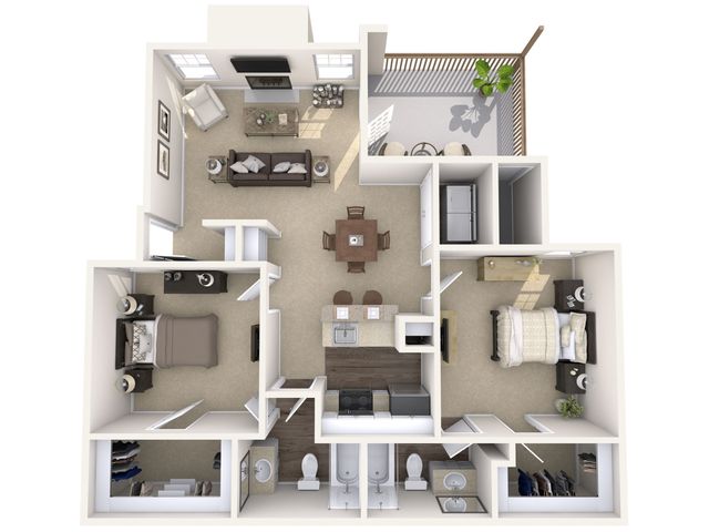 Bright and modern 2D floor plan showcasing 2 bedrooms, cozy living area, stylish kitchen, and a sunny balcony.