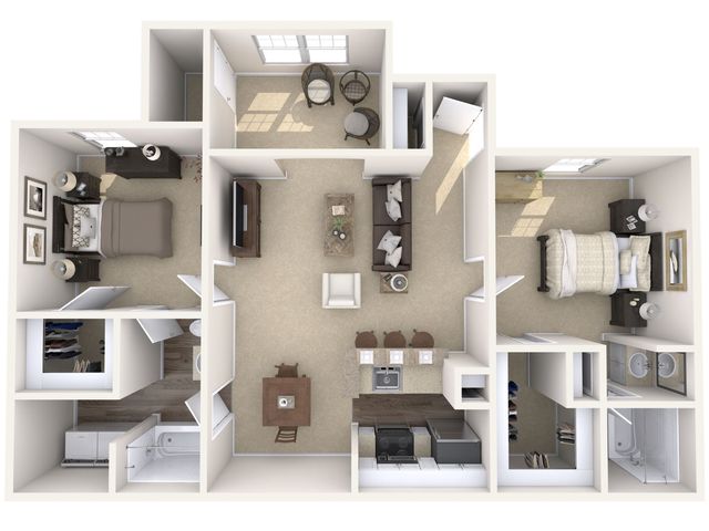 Charming 3D floor plan featuring 2 bedrooms, open living area, modern kitchen with bar seating, and cozy dining space.