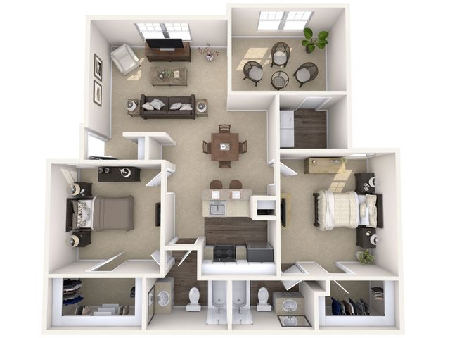 Chic 3D floor plan showcasing 2 spacious bedrooms, elegant living room, and a modern kitchen with a central dining area.