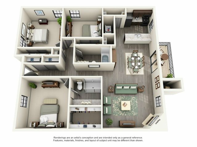 Elegant 3D floor plan showcasing 2 bedrooms, a modern kitchen, spacious living area, and a charming balcony.