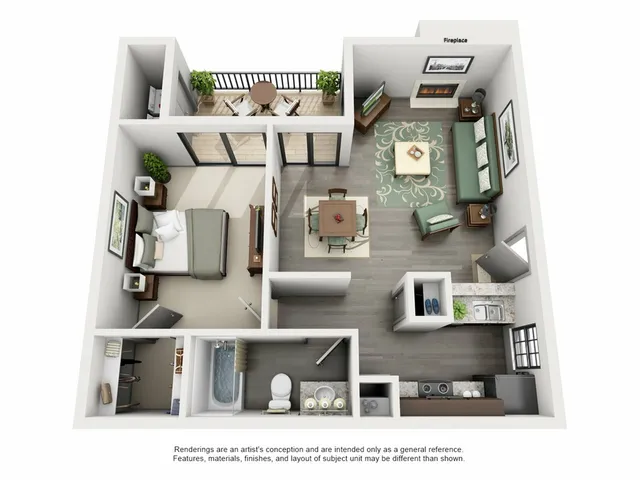 Modern 3D apartment floor plan featuring a cozy bedroom, stylish living area with a fireplace, and private balcony access.