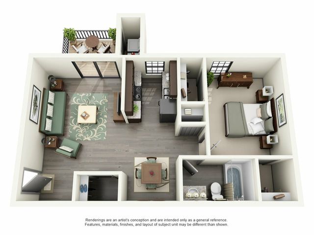 Charming 3D floor plan showcasing a cozy 1-bedroom apartment with an inviting living area, modern kitchen, and private balcony.