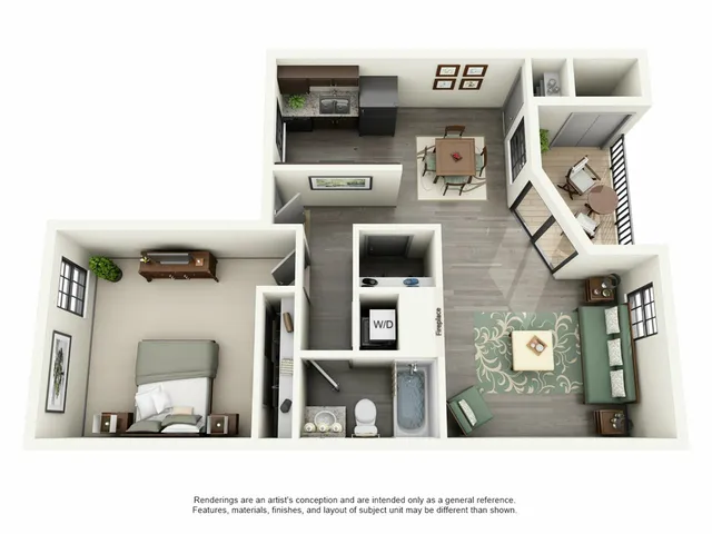 Modern 3D floor plan featuring a spacious one-bedroom apartment with an open-concept living and dining area, sleek kitchen, stylish bathroom, and private balcony.