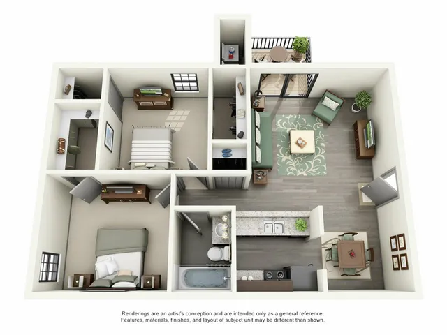 Charming 3D floor plan showcasing a two-bedroom apartment with an inviting living area, modern kitchen, and private balcony.