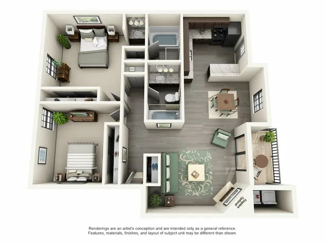 Elegant 3D floor plan showcasing two cozy bedrooms, modern kitchen, and open living space with balcony access. Perfectly designed for comfort and style.