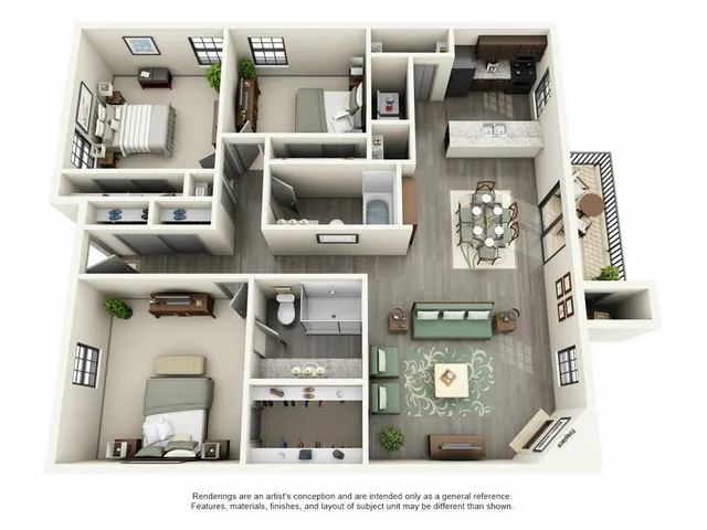 Modern 3D floor plan showcasing 2 bedrooms, 2 baths, open-concept living area, sleek kitchen, and charming balcony.
