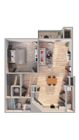 Modern floor plan showcasing one-bedroom, expansive living area, stylish corner kitchen, and private balcony.