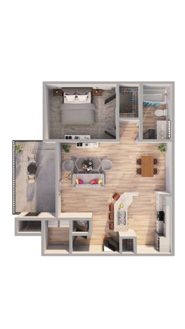 Modern 1-bedroom apartment floor plan featuring a spacious open living area, cozy bedroom, elegant kitchen, and a private balcony.