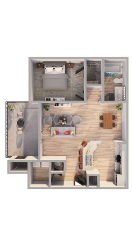 Modern 2D floor plan highlighting a spacious one-bedroom apartment with open-concept living and dining areas, a sleek kitchen island, a cozy balcony, and a contemporary bathroom.