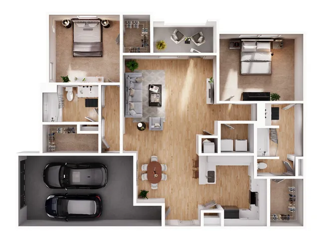 Modern 2D floor plan showcasing 2 bedrooms, an open living area, spacious kitchen, and cozy balcony with garage space for two cars.