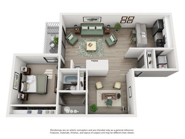 Elegant open-plan apartment layout featuring a cozy living room with a fireplace, modern kitchen with breakfast bar, inviting bedroom, and private balcony.