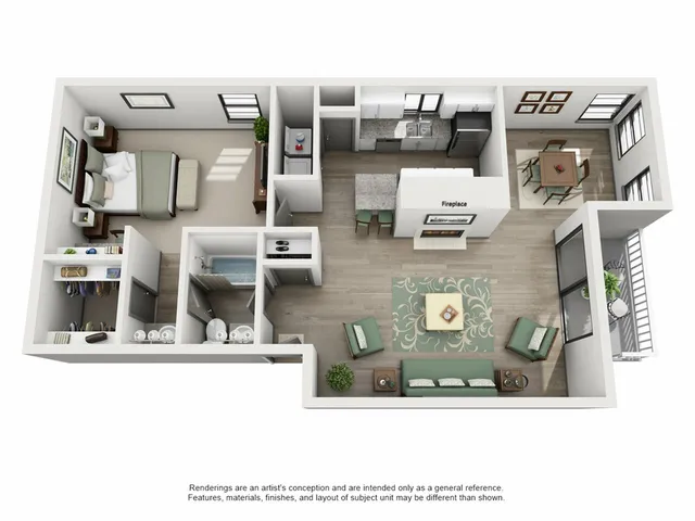 Modern 3D floor plan showcasing a stylish one-bedroom apartment with an open-concept living room, cozy dining area, and sleek kitchen with a fireplace.