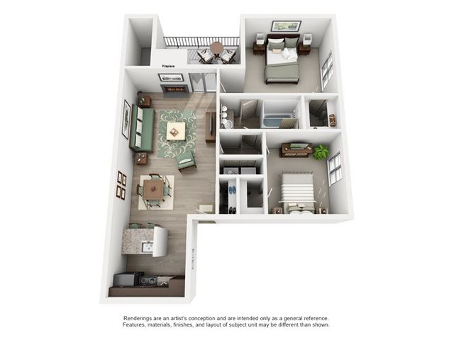 Charming 3D floor plan showcasing a modern apartment with two bedrooms, a cozy living room with a fireplace, spacious kitchen, and private balcony.