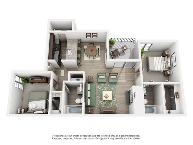 Modern 3D floor plan showcasing 2 bedrooms, a cozy open-concept living area, stylish kitchen, and a charming balcony for relaxed outdoor seating.