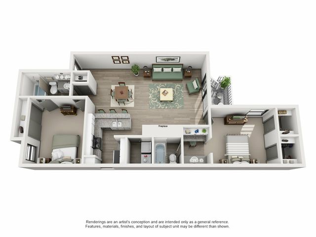 Charming 3D apartment floor plan with two bedrooms, cozy living room, open-concept kitchen, and private balcony.
