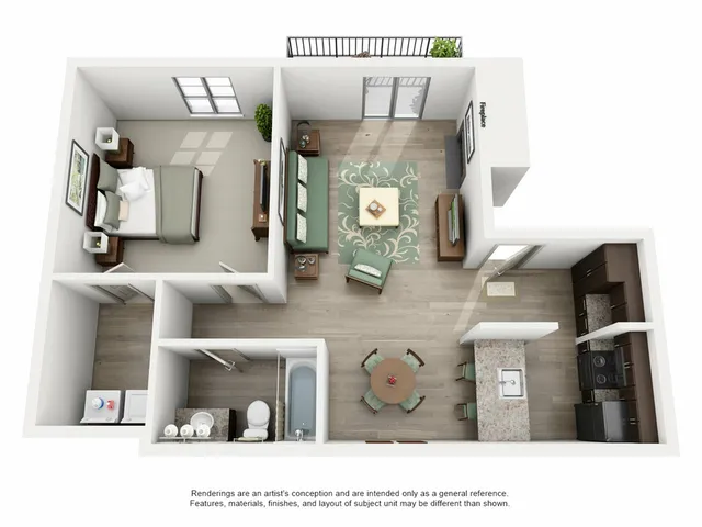 Modern 3D floor plan showcasing a cozy 1-bedroom apartment with an open living area, sleek kitchen, and private balcony.