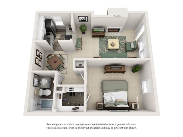 Inviting 3D floor plan of a cozy 1-bedroom apartment featuring an open-concept living area with fireplace, modern kitchen, and elegant dining space.