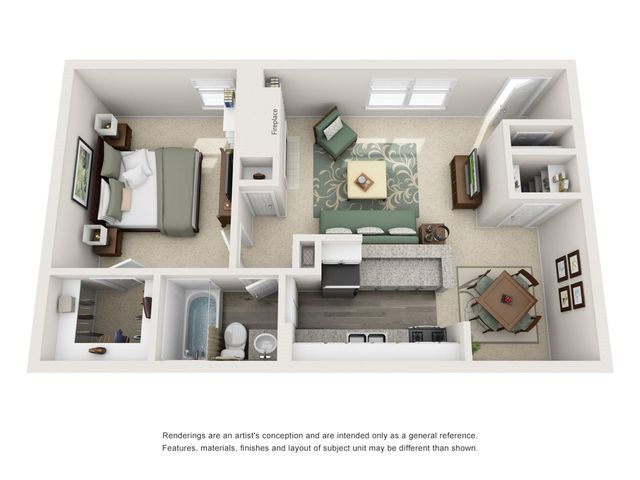 Charming 3D floor plan showcasing a cozy one-bedroom apartment with a stylish open-concept living area, modern kitchen, and elegant dining space.