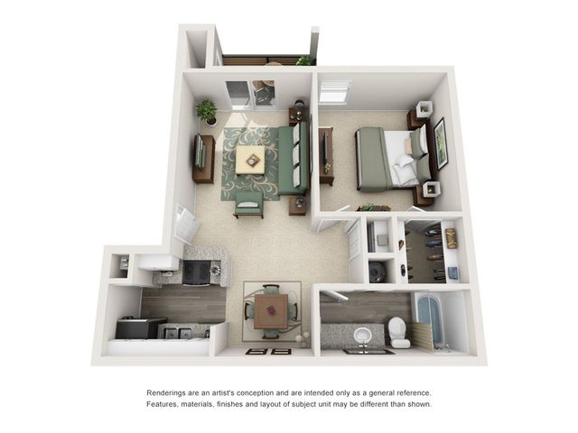 Modern apartment floor plan featuring a cozy one-bedroom layout with an inviting living area, stylish kitchen, and convenient bathroom design.