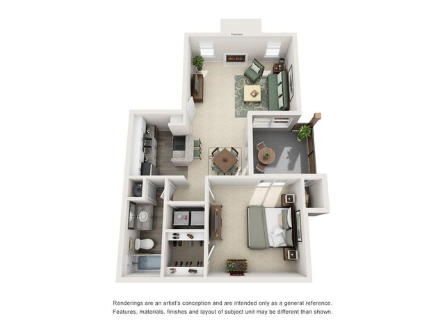 Elegant 3D floor plan showcasing a cozy 1-bedroom apartment with an open living area, modern kitchen, and inviting balcony.