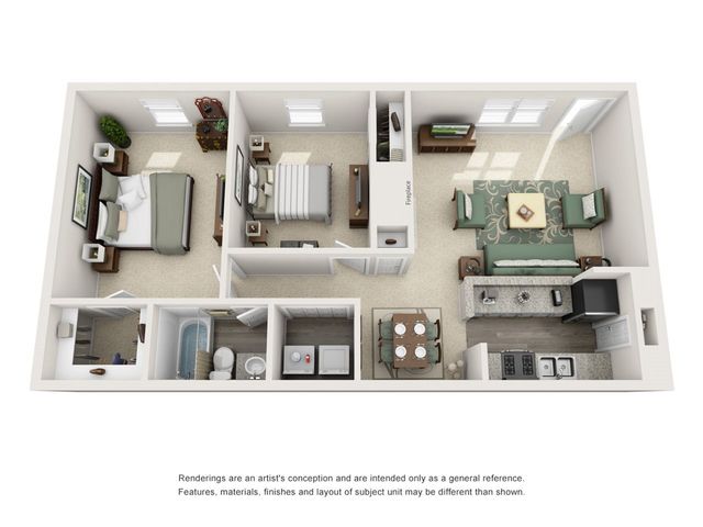 Modern 3D floor plan showcasing 2 bedrooms, open living room with fireplace, and a stylish kitchen with dining area.