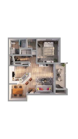 Modern 1-bedroom apartment floor plan featuring an open-concept living and dining area, sleek kitchen, and private balcony space.
