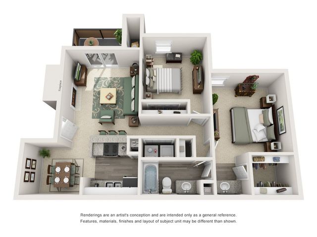 Modern 3D floor plan showcasing 2 cozy bedrooms, inviting open-concept living and dining area, kitchen with island, and a serene balcony.