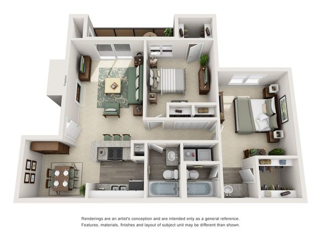 Contemporary 3D floor plan showcasing a stylish two-bedroom apartment with an inviting living room, modern kitchen, and spacious dining area enhanced by natural light.