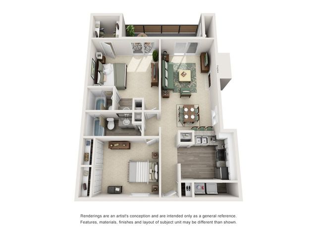 Modern 3D apartment floor plan with 2 bedrooms, cozy living area, and stylish kitchen featuring a breakfast bar.