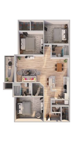 Modern 3-bedroom apartment floor plan with open living space, sleek kitchen, and stylish balcony.
