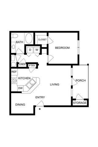Modern 1-bedroom floor plan featuring an open-concept kitchen and living area, with ample storage and a cozy porch.