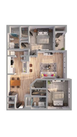 Elegant floor plan showcasing two bedrooms, modern kitchen with island, and open living area perfect for entertaining.