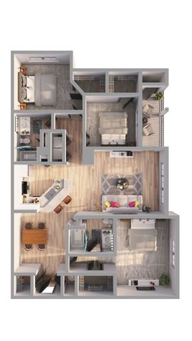 Contemporary floor plan with 3 bedrooms, stylish open-concept living area, modern kitchen, and cozy balcony.