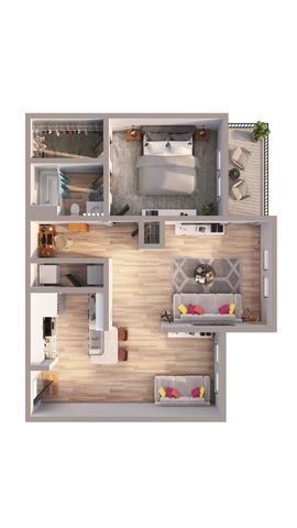 Modern 1-bedroom apartment floor plan with stylish open-concept living area, sleek kitchen, and cozy balcony.