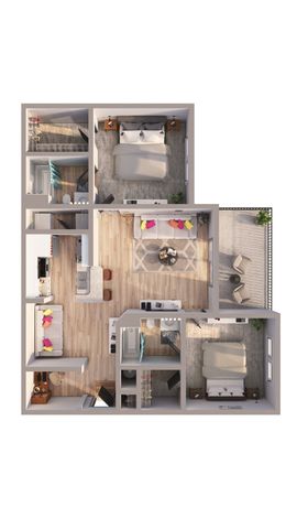 Modern floor plan showcasing 2 spacious bedrooms, open living area with cozy seating, contemporary kitchen, and private balcony.