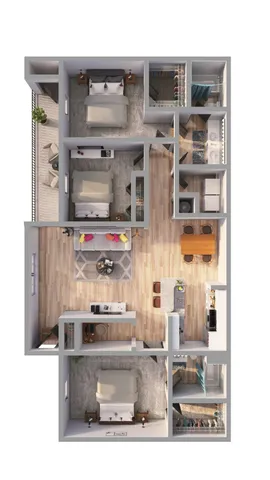 Elegant floor plan showcasing 3 bedrooms, open living and dining area, with a modern kitchen. Perfect for stylish urban living.