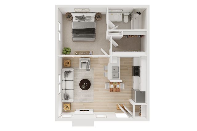 Chic 1-bedroom apartment floor plan with modern open-concept living area and kitchen, featuring a cozy bedroom and stylish bathroom.
