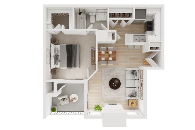 Chic floor plan showcasing a spacious bedroom, modern kitchen, cozy living area, and private balcony.