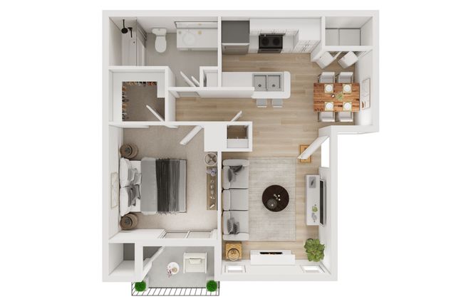 Chic floor plan showcasing a cozy 1-bedroom layout with a modern kitchen, inviting living area, and elegant dining space.