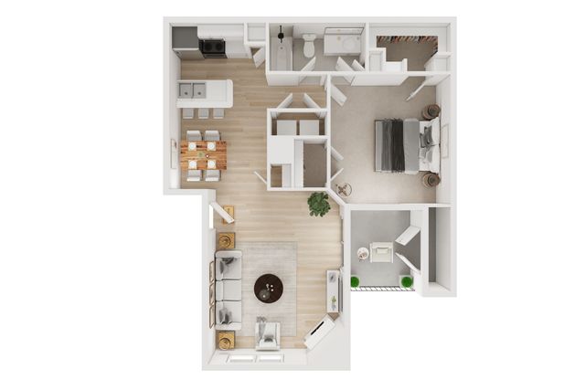 Modern open-concept floor plan featuring a spacious living room, cozy bedroom, and functional kitchen with dining area.