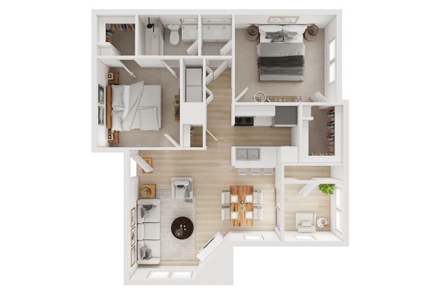 Modern 2D apartment floor plan showcasing 2 cozy bedrooms, a stylish open living area, sleek kitchen, and elegant dining space.