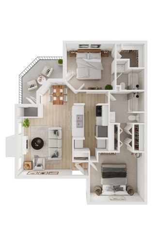 Elegant 3D floor plan highlighting 2 spacious bedrooms, modern open-concept kitchen, inviting living area, and stylish balcony seating.