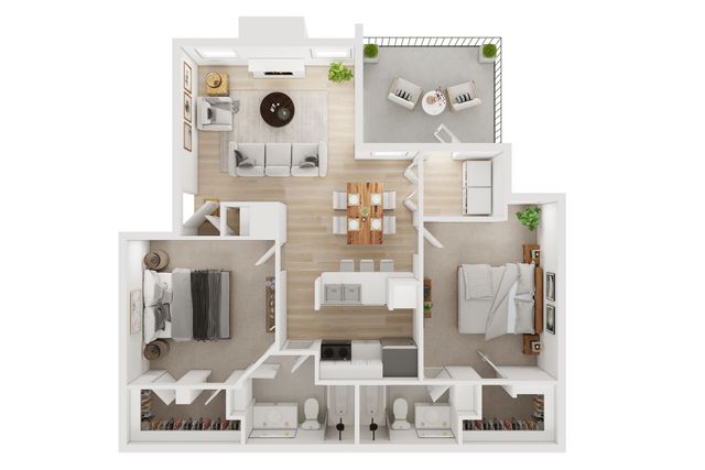 Charming apartment floor plan featuring 2 cozy bedrooms, a stylish open living area, modern kitchen, and inviting balcony.