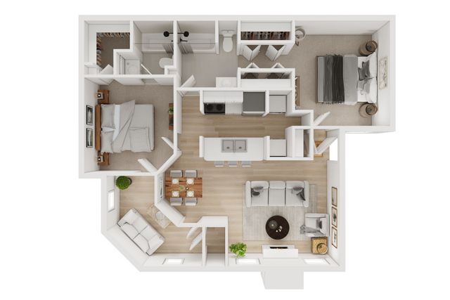Chic and modern 2D floor plan showcasing 2 bedrooms, open-concept living and dining areas, and a stylish kitchen layout with breakfast bar.
