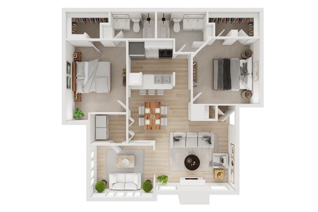 Elegant floor plan showcasing 2 bedrooms, open living area, dining space, and modern kitchen, perfect for contemporary living.