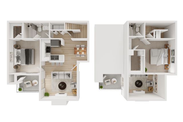 Modern dual-level floor plan featuring three spacious bedrooms, an open-plan living and dining area, sleek kitchen, and cozy balconies offering stylish urban living.